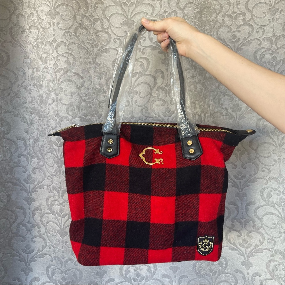 Shoulder Checkered Red & Black Wool Tote Bag Gold Hardware
